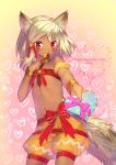  2018 animal_ears bell bow box bracelet contrapposto cowboy_shot dark_skin eating facial_mark flat_chest hair_bell hair_bow hair_ornament happy_valentine heart heart-shaped_box heart_background highres jewelry looking_at_viewer mitake_eiru navel original outstretched_arm pink_bow pink_ribbon red_bow red_eyes red_ribbon ribbon short_hair shorts silver_hair solo standing stomach tail valentine wolf_ears wolf_tail 