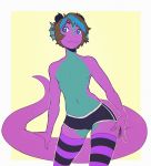  blue_eyes blue_hair boxers_(clothing) clothed clothing crossdressing dragon fuscus girly hair horn legwear male purple_skin scalie simple_background solo standing suelix teal_skin thigh_highs underwear 
