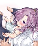  1girl alternate_costume blush commentary_request gran_(granblue_fantasy) granblue_fantasy harvin lingerie negligee nio_(granblue_fantasy) pointy_ears ponytail purple_eyes purple_hair shi_ecchi underwear 