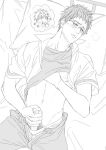  2boys abs glasses hyuuga_junpei kiyoshi_teppei kuroko_no_basuke male_focus masturbation monochrome multiple_boys shiru_(pepeelotion) stomach undressing yaoi 