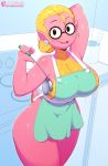  2018 3mangos 4_fingers animal_humanoid apron big_breasts big_butt blonde_hair bottomless breast_squish breasts butt clothed clothing convenient_censorship digital_media_(artwork) ear_piercing eyelashes eyewear female full_body gem glasses hair hair_bun hi_res huge_butt humanoid invalid_tag kitchen ladle lizard_tail looking_at_viewer markings multicolored_scales naked_apron naughty_face non-mammal_breasts noseless open_mouth pearl_(gem) piercing pink_scales pink_skin pointy_ears portrait raised_eyebrows sally_(scalie_schoolie) scales scalie_schoolie solo spring_salamander thick_thighs three-quarter_portrait two_tone_scales webcomic wide_hips yellow_skin 