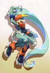  absurdly_long_hair ashe_(rockman) bodysuit boots covered_navel full_body gradient gradient_background green_eyes helmet high_ponytail highres hips holding holding_weapon knees_together_feet_apart kon_(kin219) long_hair model_a ponytail power_armor rockman rockman_zx rockman_zx_advent silver_hair smile solo very_long_hair weapon 