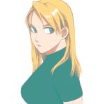  black_shirt blonde_hair breasts brown_eyes close-up earrings expressionless eyelashes fullmetal_alchemist highres jewelry long_hair looking_away ozaki_(tsukiko3) riza_hawkeye shirt simple_background solo standing upper_body white_background 