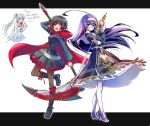  blazblue:_cross_tag_battle blue_eyes boots commentary_request english frilled_skirt frills hayami_saori high_heels iesupa multicolored_hair multiple_girls myrtenaster orie_(under_night_in-birth) pantyhose purple_hair ruby_rose rwby scythe seiyuu_connection skirt sword two-tone_hair under_night_in-birth weapon weiss_schnee white_hair 