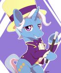  2018 aosion blue_hair bottomless bow_tie clothed clothing cutie_mark equine feral friendship_is_magic grin hair half-closed_eyes hat holding_object hooves horn jack_pot_(mlp) looking_at_viewer male mammal multicolored_hair my_little_pony portrait pose purple_background purple_eyes signature simple_background sion_(artist) smile solo standing suit teeth top_hat two_tone_hair underhoof unicorn wand 