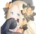  abigail_williams_(fate/grand_order) bangs black_bow black_dress black_hat blonde_hair blue_eyes blush bow covered_mouth dress eyebrows_visible_through_hair fate/grand_order fate_(series) forehead hair_bow hat long_hair long_sleeves looking_at_viewer object_hug orange_bow parted_bangs polka_dot polka_dot_bow ringozaka_mariko simple_background sleeves_past_fingers sleeves_past_wrists solo stuffed_animal stuffed_toy teddy_bear white_background 