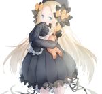  abigail_williams_(fate/grand_order) bangs black_bow black_dress black_hat black_ribbon blonde_hair bloomers blue_eyes blush bow bug butterfly commentary_request covered_mouth dress eyebrows_visible_through_hair fate/grand_order fate_(series) forehead hair_bow hat insect long_hair long_sleeves looking_at_viewer object_hug orange_bow parted_bangs polka_dot polka_dot_bow ribbon ringozaka_mariko simple_background sleeves_past_fingers sleeves_past_wrists solo stuffed_animal stuffed_toy teddy_bear underwear very_long_hair white_background white_bloomers 