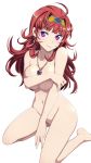  ahoge blush breast_hold breasts charlotte_hasting cleavage covering covering_breasts earrings hairband jewelry kneeling long_hair looking_at_viewer medium_breasts nanashino navel necklace nude purple_eyes red_hair simple_background smile solo super_robot_wars super_robot_wars_v wavy_hair white_background 
