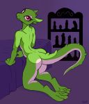  2017 anthro argonian ass_up bed blush claws curls-her-tail dildo eyelashes female green_skin horn inviting kneeling looking_at_viewer nude pink_claws pink_eyes scalie sex_toy simple_background skinny smile solo sorc the_elder_scrolls video_games 