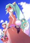  :&lt; adjusting_clothes adjusting_swimsuit aqua_hair ass bangs bare_shoulders bikini black_bikini blue_sky breasts closed_mouth cloud dark_skin day eyelashes food food_in_mouth from_below hair_between_eyes hip_bones holding holding_innertube innertube io_naomichi legs_together long_hair multiple_girls popsicle red_eyes rockman rockman_dash sera_(rockman_dash) shirt shoulder_tattoo sky small_breasts swimsuit tank_top tattoo twintails white_shirt wristband yuna_(rockman_dash) 