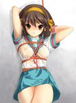  bdsm bondage bound breast_bondage breasts brown_eyes brown_hair garickson hairband kita_high_school_uniform large_breasts nipples no_bra orange_hairband school_uniform see-through serafuku shibari shibari_over_clothes short_hair solo suzumiya_haruhi suzumiya_haruhi_no_yuuutsu wet wet_clothes 