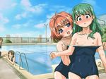  assisted_exposure blue_eyes blush breasts cameltoe chain-link_fence day drain_(object) fence green_hair jpeg_artifacts miyafuji_miina multiple_girls nipples no_nose nose_blush one-piece_swimsuit onegai_twins onodera_karen outdoors pool pool_ladder public_nudity pulled_by_another red_hair school_swimsuit small_breasts starting_block swimsuit swimsuit_pull undressing yuri 