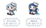  alternate_costume blue_eyes blue_hair chibi commentary_request cosplay dixie_cup_hat double_bun graphig grey_eyes hat kantai_collection long_hair lowres luimago military_hat multiple_girls namesake pun samidare_(kantai_collection) samuel_b._roberts_(kantai_collection) samuel_b._roberts_(kantai_collection)_(cosplay) short_hair smile translated 