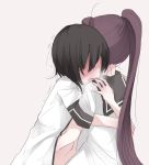  bangs beige_background black_hair black_sailor_collar blouse blush breath commentary_request couple dress from_behind from_side full-face_blush funami_yui hair_intakes hair_over_eyes hand_on_another's_stomach hand_under_clothes hand_under_shirt highres hug long_hair long_ponytail midriff multiple_girls nanamori_school_uniform nateco navel no_eyes open_mouth ponytail purple_hair sailor_collar sailor_dress school_uniform shirt short_hair short_sleeves simple_background stomach sugiura_ayano touching trembling very_long_hair white_blouse yuri yuru_yuri 