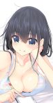  :3 bed_sheet black_hair blue_eyes blush bra breasts cellphone chin_rest closed_mouth commentary_request eyebrows_visible_through_hair large_breasts looking_at_viewer original phone shirt smartphone smile solo suga_hideo underwear white_shirt 