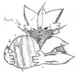  english_text food fruit matsu melon monochrome nintendo pok&eacute;mon pok&eacute;mon_(species) simple_background text video_games watermelon zeraora 