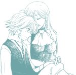  1girl ahoge bare_shoulders breasts buttons closed_eyes commentary_request couple earrings elizabeth_liones greyscale harumiya hetero holding_hands jewelry long_hair medium_breasts meliodas monochrome nanatsu_no_taizai necktie sitting smile 