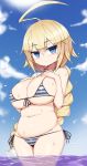  1girl ahoge blazblue blazblue:_central_fiction blonde_hair blue_eyes blush braid breast_suppress breasts cleavage es_(xblaze) large_breasts long_hair looking_at_viewer micro_bikini plump solo swimsuit wet xblaze 