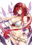  bangs bare_shoulders belt bikini blue_eyes breasts cleavage collarbone commentary_request eyebrows_visible_through_hair godguard_brodia granblue_fantasy hair_between_eyes hair_ornament highres hips large_breasts long_hair looking_at_viewer navel okitakung red_hair smile solo swimsuit sword very_long_hair weapon white_bikini 