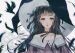  bangs bird black_hair black_hat blurry blurry_background brown_eyes choker commentary_request crow depth_of_field dress eyelashes hat lipstick long_hair looking_at_viewer makeup original purple_dress red_lipstick say_hana solo upper_body wide-eyed witch witch_hat 