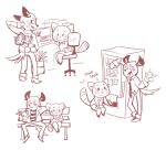  2018 aggressive_retsuko anthro anthro_on_anthro bench blush chair chat computer date female flower haida hoaxghost hyena laptop larger_male male male/female mammal office plant red_panda retsuko sanrio size_difference smaller_female source_request spotted_hyena vending_machine 