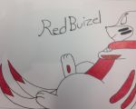  2_tails alternate_color buizel fan_character fur hindpaw inked male mammal multi_tail mustelid nintendo pawpads paws pok&eacute;mon pok&eacute;mon_(species) red_fur redbuizel relaxing signature simple_background smile solo traditional_media_(artwork) video_games vydra&quot;red&quot;merlock white_fur 