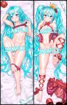  apple aqua_eyes aqua_hair barefoot blush breasts censored crown dakimakura detached_sleeves feet food fruit full_body hair_between_eyes hatsune_miku jixing_renou leg_ribbon long_hair looking_at_viewer lying multiple_views navel on_back ribbon ribs sample small_breasts soles twintails very_long_hair vocaloid 