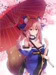  absurdres animal_ears bare_shoulders blue_bow blue_kimono bow breasts cherry_blossoms detached_sleeves fate/extra fate_(series) fox_ears fox_tail hair_bow highres holding holding_umbrella japanese_clothes kimono kuroneko_(hmilk) large_breasts obi oriental_umbrella pink_hair sash short_kimono sidelocks smile solo standing tail tamamo_(fate)_(all) tamamo_no_mae_(fate) twintails umbrella wide_sleeves yellow_eyes 