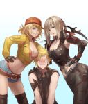  2girls :3 aranea_highwind armor baseball_cap belt blonde_hair blush bra breasts cidney_aurum cleavage cropped_jacket denim denim_shorts final_fantasy final_fantasy_xv green_eyes hand_on_another's_shoulder hat heart large_breasts looking_at_viewer midriff multiple_girls navel one_eye_closed prompto_argentum sasanomesi short_shorts shorts shoulder_spikes sleeveless smile spiked_hair spikes thighhighs thong underwear 