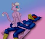  anthro anthro_on_anthro avian bird blue_feathers blush breasts digital_media_(artwork) duo falco_lombardi feathers feline female katt_monroe male male/female mammal nintendo nipples nude penetration penis pussy sex star_fox video_games xxgabys23xx 