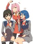  1boy 2girls bangs black_hair black_legwear blue_eyes blue_hair chiharu_(9654784) commentary_request darling_in_the_franxx food_theft green_eyes hair_ornament hairband hairclip highres hiro_(darling_in_the_franxx) horns ichigo_(darling_in_the_franxx) long_hair long_sleeves looking_at_another looking_at_viewer military military_uniform multiple_girls necktie one_eye_closed oni_horns orange_neckwear pantyhose pink_hair red_horns red_neckwear short_hair shorts smile socks straight_hair uniform white_hairband zero_two_(darling_in_the_franxx) 