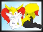  2014 3_toes 4:3 abstract_background anthro backsack balls braixen butt canine digital_media_(artwork) fur inner_ear_fluff kurama_the_braixen looking_at_viewer lying male mammal mrpandragon nintendo on_front orange_eyes orange_nose pok&eacute;mon pok&eacute;mon_(species) simple_background smile solo toes video_games 