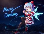  1girl bangs bell bloomers blue_eyes blue_hair blush bow box brown_legwear capelet center_frills christmas cirno commentary_request dated eyebrows_visible_through_hair flying_sweatdrops frilled_legwear frills fur-trimmed_capelet fur-trimmed_skirt fur-trimmed_sleeves fur_trim gift gift_box green_bow grin hair_bow hair_ornament hairclip head_tilt highres holding holding_gift ice ice_wings jingle_bell langbazi long_sleeves looking_at_viewer merry_christmas mittens mountain night night_sky one_eye_closed outdoors pink_mittens red_bow red_capelet red_footwear red_skirt shirt shoes signature skirt sky smile solo suspender_skirt suspenders thighhighs touhou underwear v-shaped_eyebrows white_bloomers white_shirt wings 