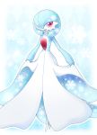  1girl alternate_color blue_background blue_hair blush female full_body gardevoir gen_3_pokemon hair_over_one_eye happy highres looking_at_viewer muguet no_humans open_mouth outline pokemon pokemon_(creature) red_eyes shiny_pokemon short_hair smile snowflake solo standing 