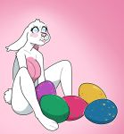  2016 anthro blackshirtboy blue_eyes breasts egg featureless_breasts female lagomorph mammal nude post_transformation rabbit shocked sitting solo sweat 