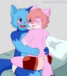  2018 4_fingers blue_eyes blush boxers_(clothing) briefs cat clothing cub cute_fangs cynxie_(artist) duo embrace eyes_closed feline haziq(hazumazu) male male/male mammal naz_namaki_(cynxie) open_mouth pillow red_pupils romantic_duo sitting_in_lap underwear young 