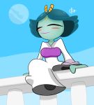  2015 alien anthro arthropod balcony beeza blue_hair blush breasts clothing eyes_closed female flea hair happy insect schnuron sitting smile solo wander_over_yonder 