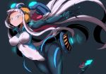  bangs blue_eyes bodysuit breasts commentary_request electro_emilia gloves grey_background headgear helmet high_heels ken_(koala) large_breasts leotard long_hair looking_at_viewer neon_trim original simple_background skin_tight solo thighs white_hair 
