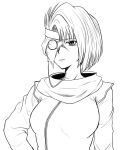  absurdres breasts closed_mouth commentary_request expressionless greyscale headband highres himajin_noizu large_breasts looking_at_viewer monochrome mukuro_(yuu_yuu_hakusho) scar short_hair simple_background solo upper_body white_background yuu_yuu_hakusho 