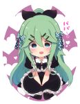  1girl alternate_costume bangs black_dress black_legwear black_ribbon blue_bow bow commentary_request dress empty_eyes full_body green_eyes green_hair hair_between_eyes hair_bow hair_ornament hair_ribbon hairclip heart heart-shaped_pupils highres kantai_collection long_hair looking_at_viewer no_nose parted_bangs polka_dot polka_dot_bow ponytail ribbon seiza sidelocks sitting solo suzuki_toto symbol-shaped_pupils thighhighs translation_request two-tone_background white_background yamakaze_(kantai_collection) 