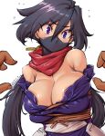  amania_orz ayame_(gundam_build_divers) bare_shoulders bdsm black_hair blush bondage bound bound_arms bound_torso breasts cleavage commentary_request dated embarrassed eyebrows_visible_through_hair eyes_visible_through_hair face_mask flying_sweatdrops gundam gundam_build_divers hair_between_eyes hair_ornament huge_breasts japanese_clothes long_hair low_twintails mask ninja ninja_mask off_shoulder purple_eyes reaching scarf shiny shiny_clothes shiny_hair shiny_skin simple_background skindentation solo_focus twintails twitter_username upper_body white_background wide-eyed 