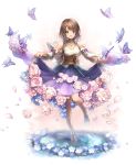  animal barefoot brown_hair bug butterfly detached_sleeves final_fantasy final_fantasy_x flock flower hakama heterochromia highres insect japanese_clothes jewelry long_skirt looking_at_viewer necklace petals puddle purple_hakama ring sasanomesi short_hair simple_background skirt skirt_hold smile solo water wide_sleeves yuna_(ff10) 