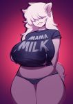  anthro big_breasts blush breasts canine clothed clothing female hair hair_over_eye huge_breasts lactating lipstick makeup mammal mature_female slightly_chubby smile solo standing thick_thighs tsudamaku voluptuous wide_hips 