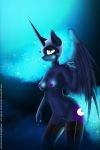  2014 anthro anthrofied areola black_feathers blue_fur breasts clothing cutie_mark equine feathered_wings feathers female friendship_is_magic fur gamermac glowing hi_res horn legwear mammal my_little_pony navel nightmare_moon_(mlp) nipples pussy solo stockings winged_unicorn wings 