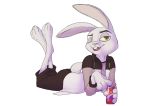  2018 alpha_channel ambiguous_gender anthro barefoot beverage_can clothed clothing disney fan_character foxxj holding_can holding_object lagomorph legs_up looking_at_viewer lying mammal on_front one_eye_closed open_jacket rabbit simple_background solo texi_(yitexity) transparent_background yellow_sclera zootopia 