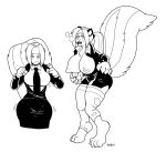  2017 animal_humanoid anthro barefoot big_breasts blackshirtboy blush breast_expansion breasts business_suit chest_tuft claws clothing female huge_breasts humanoid mammal monochrome necktie nipples open_mouth panting ponytail sequence simple_background skunk skunk_humanoid solo standing suit torn_clothing transformation tuft white_background 