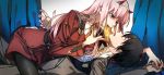  1girl bangs black_hair black_legwear blue_eyes breasts chest_scar commentary couple darling_in_the_franxx food food_in_mouth girl_on_top green_eyes hair_ornament hairband hamaguri_(nirak1203) hand_on_another's_head hetero hiro_(darling_in_the_franxx) honey horns long_hair long_sleeves looking_at_another lying military military_uniform mouth_hold necktie on_back oni_horns open_clothes orange_neckwear pantyhose pink_hair red_horns scar straddling toast toast_in_mouth uniform white_hairband zero_two_(darling_in_the_franxx) 