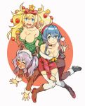  3girls alternate_costume animal_costume antlers blonde_hair blue_eyes blue_hair blush breasts collarbone commentary_request enemy_lifebuoy_(kantai_collection) eyebrows_visible_through_hair gambier_bay_(kantai_collection) gotland_(kantai_collection) hair_between_eyes hat kantai_collection kashima_(kantai_collection) large_breasts long_hair long_sleeves mole mole_under_eye multiple_girls nonco open_mouth pom_pom_(clothes) reindeer_antlers reindeer_costume santa_costume santa_hat shinkaisei-kan silver_hair smile thighhighs twintails two_side_up white_legwear 