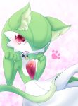  1girl animal_ears bell blush cat_ears cat_tail collar fangs gardevoir gen_3_pokemon green_hair hair_over_one_eye hands_up highres jingle_bell looking_at_viewer muguet open_mouth paw_pose paw_pring pink_background pokemon pokemon_(creature) red_eyes short_hair smile solo tail 