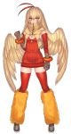  bandages blaziken breasts cleavage covered_mouth detached_sleeves dress fur_trim head_wings highres katagiri_hachigou leg_warmers long_hair personification pokemon red_dress ribbed_dress scarf short_dress skindentation thighhighs vest wings yellow_eyes zettai_ryouiki 